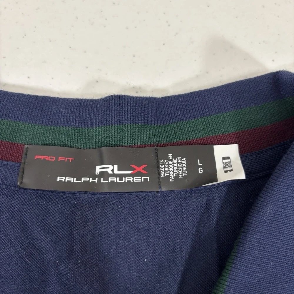 RLX Ralph Lauren Men's Striped V-Neck Pro Fit Polo Shirt Navy Blue Sz L Knit